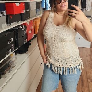 Lucky Brand Cream Fringe Knit Tank Top